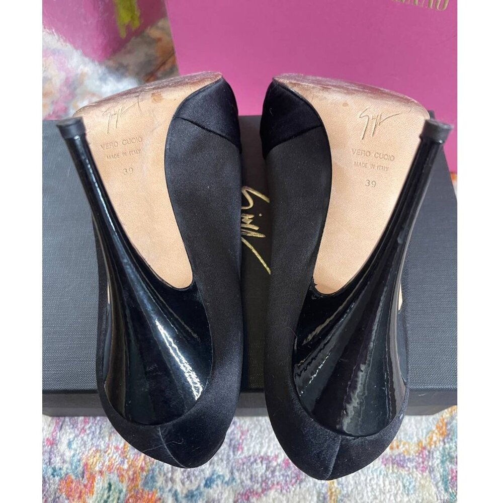 Giuseppe Zanotti 8.5 Black Satin JEWELED CRYSTAL PLATFORM Peeptoe Heels Pumps - Picture 6 of 6